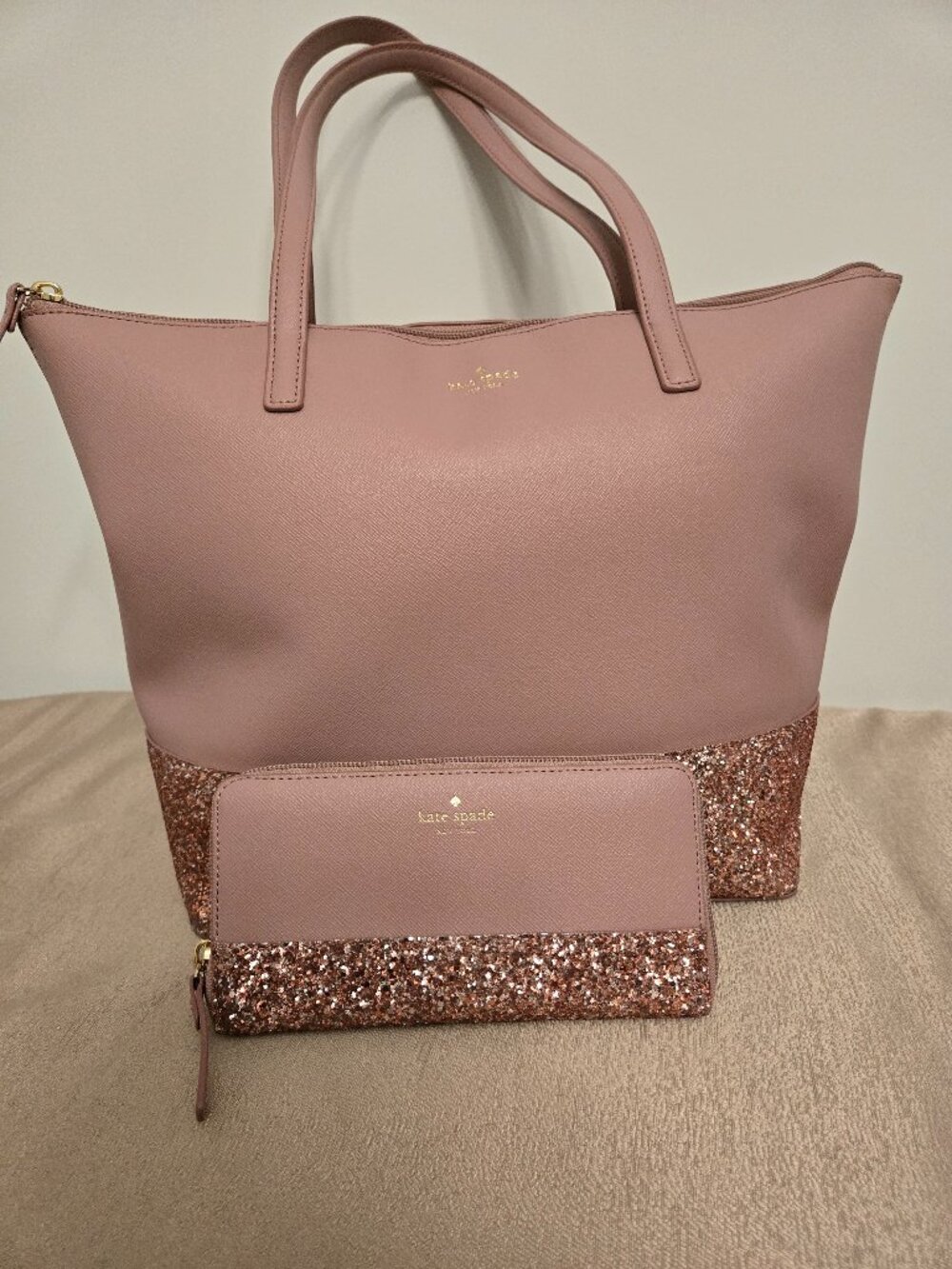 Kate Spade Pink Glitter Tote & Matching Wallet Set | Saffiano Leather
